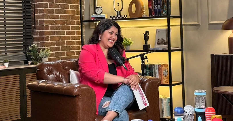 Dr. Tanaya Narendra recording The Dr. Cuterus Podcast